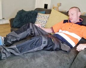 Tomtompics aka tomtompics OnlyFans - Relaxing on my settee after a hard days graft), keeping my hiviz shirt, workpants and Nike