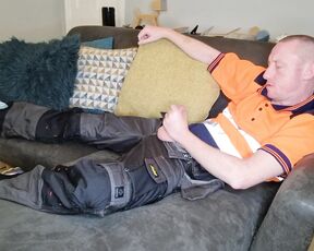 Tomtompics aka tomtompics OnlyFans - Relaxing on my settee after a hard days graft), keeping my hiviz shirt, workpants and Nike