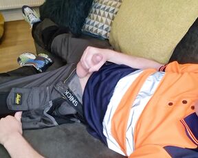 Tomtompics aka tomtompics OnlyFans - Relaxing on my settee after a hard days graft), keeping my hiviz shirt, workpants and Nike