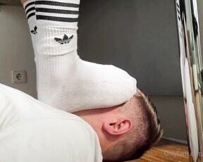 Footpigcrusher aka footpigcrusher OnlyFans - Under table foot worship with white Adidas crew socks and barefoot @Germanfeet95