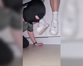 Footpigcrusher aka footpigcrusher OnlyFans - Foot bitch licking and kissing the soles of my AF1s