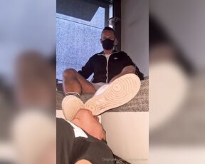 Footpigcrusher aka footpigcrusher OnlyFans - Foot bitch licks my AF1s and sniffs my smelly socks while I relax