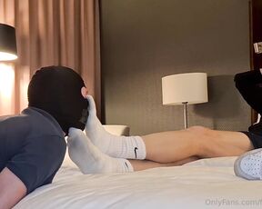 Footpigcrusher aka footpigcrusher OnlyFans - I wear two nasty pairs of white socks which he has to sniff and lick while